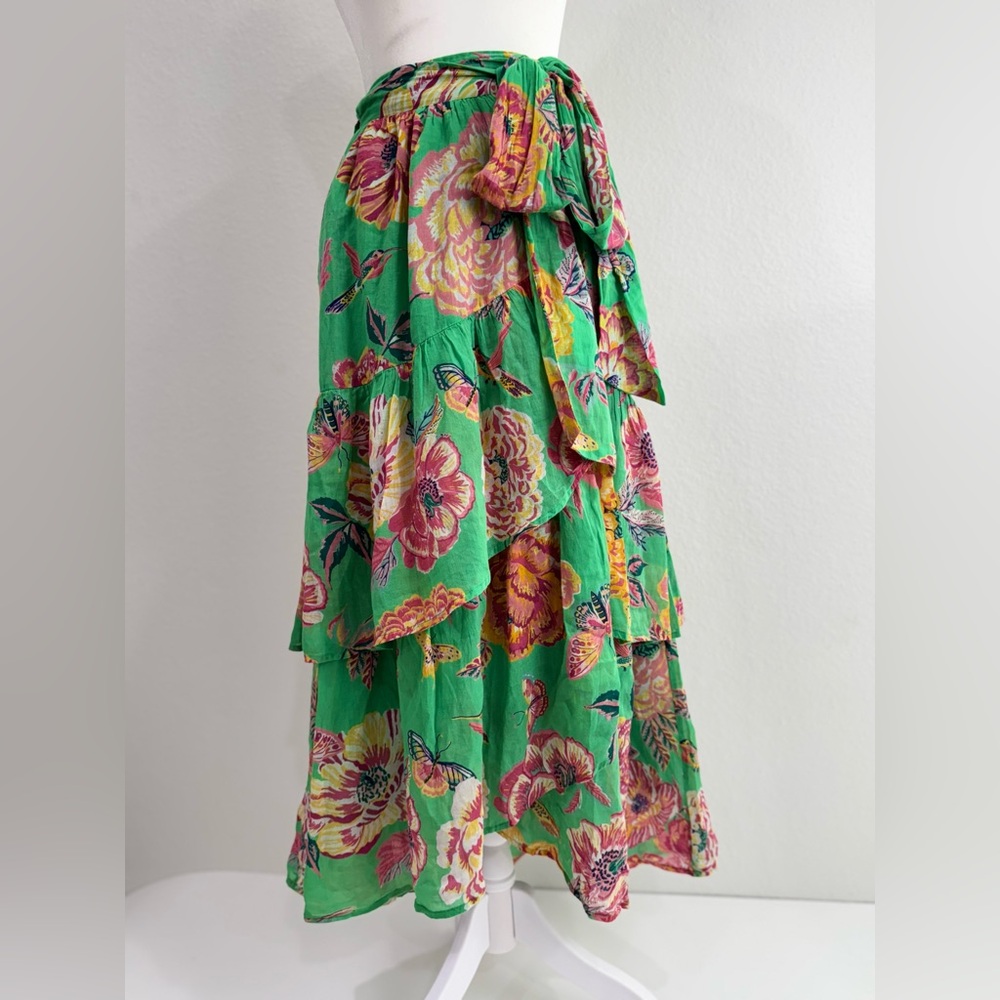 BANJANAN 100% Cotton Floral Botanical Tiered Wrap Skirt Green Multicolor XS Boho